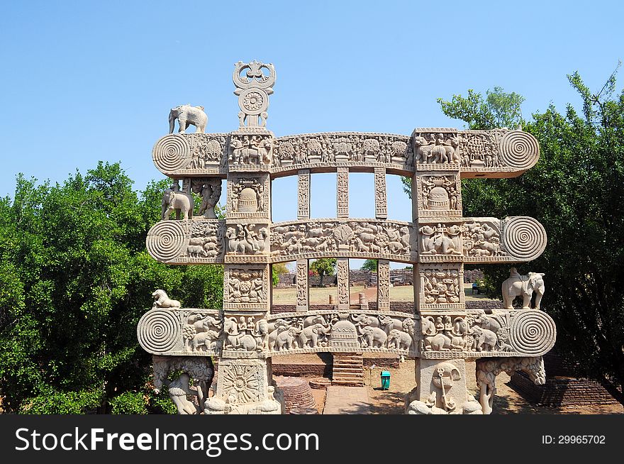 Crest of One of the four gates of Sanchi Stupa Buddhist monastery. Crest of One of the four gates of Sanchi Stupa Buddhist monastery