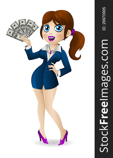 Illustration attractive business woman holds in hands money, format EPS 10