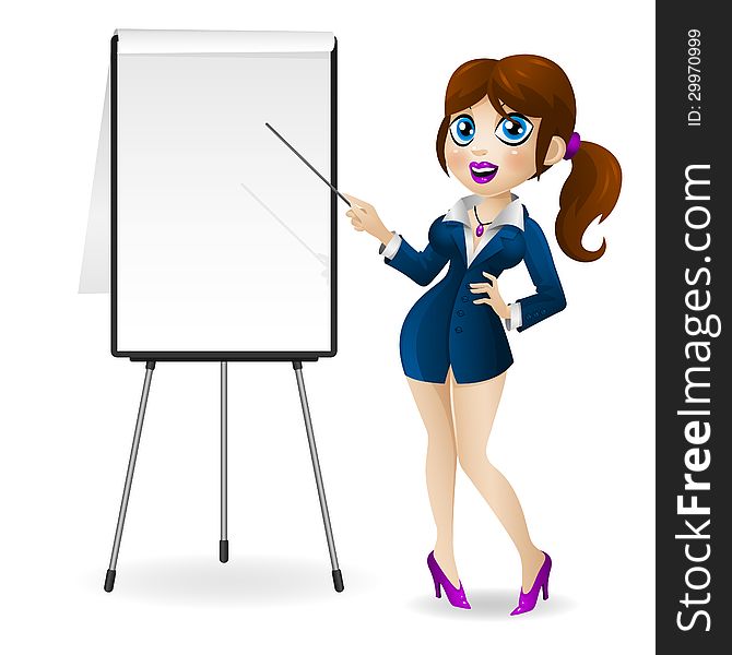 Business Woman Points To The Flip Chart