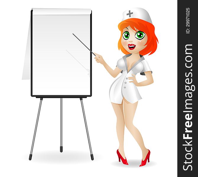 Illustration attractive nurse stands near the flip chart and holds in hands a pointer, format EPS 10. Illustration attractive nurse stands near the flip chart and holds in hands a pointer, format EPS 10