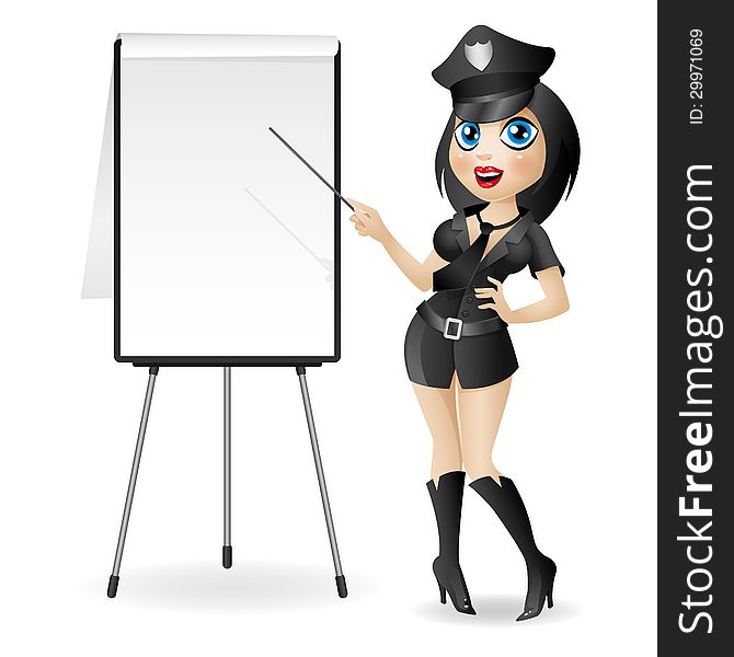 Police Girl Points To The Flip Chart