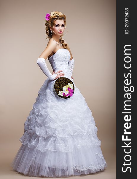 Bride in White Dress with bunch of Flowers. Bride in White Dress with bunch of Flowers