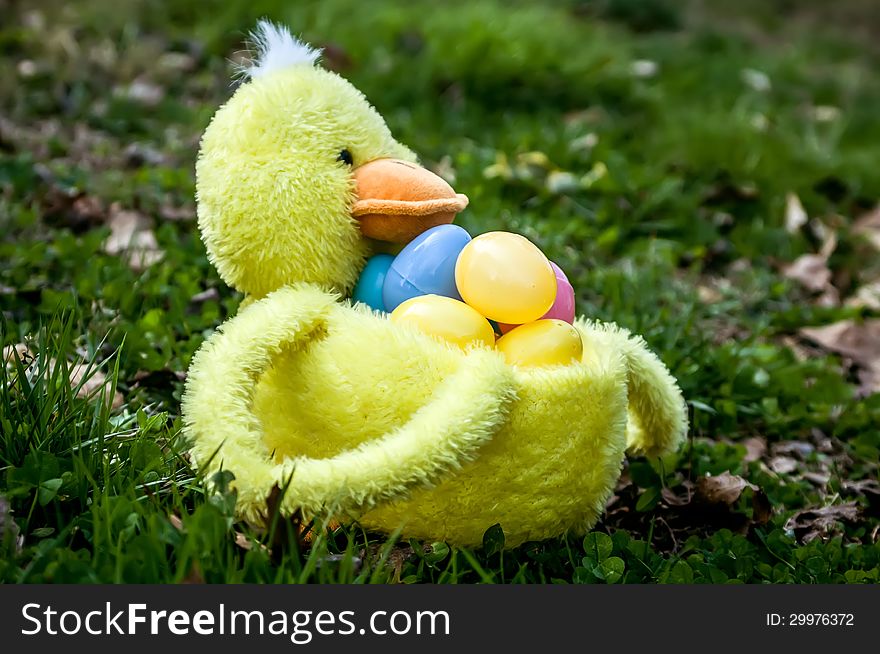 Easter duck basket on grass background