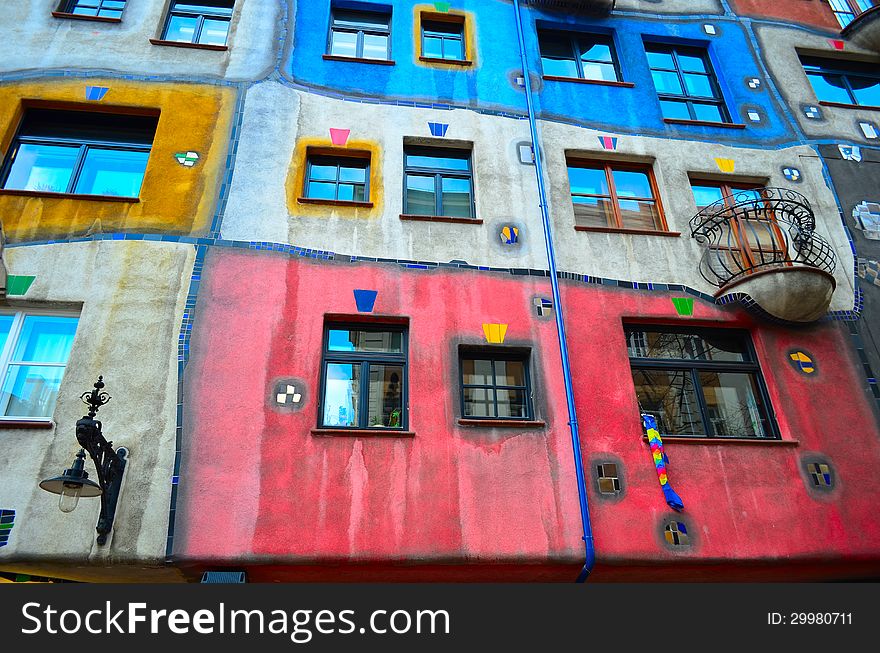 Unusual facade of Hundertwasser house in Vienna, Austria