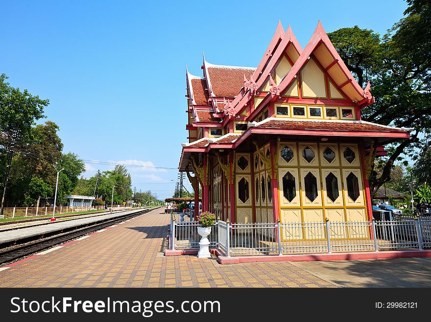 Railway station in Hua Hin, Thailand. The old red-and-yellow building and railways.