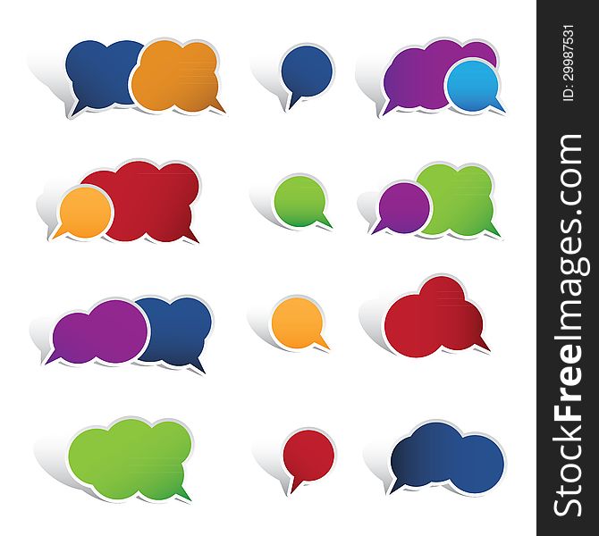 Colourful speech bubbles with shadows isolated on white background. This image is a vector illustration. Colourful speech bubbles with shadows isolated on white background. This image is a vector illustration.