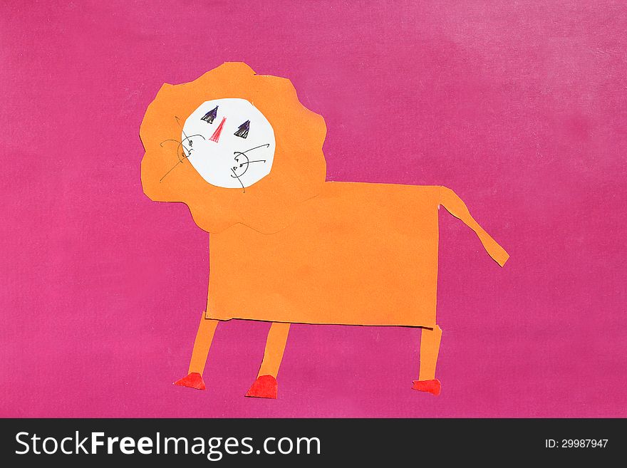 Image of children's odd job of orange lion on the red background. Image of children's odd job of orange lion on the red background