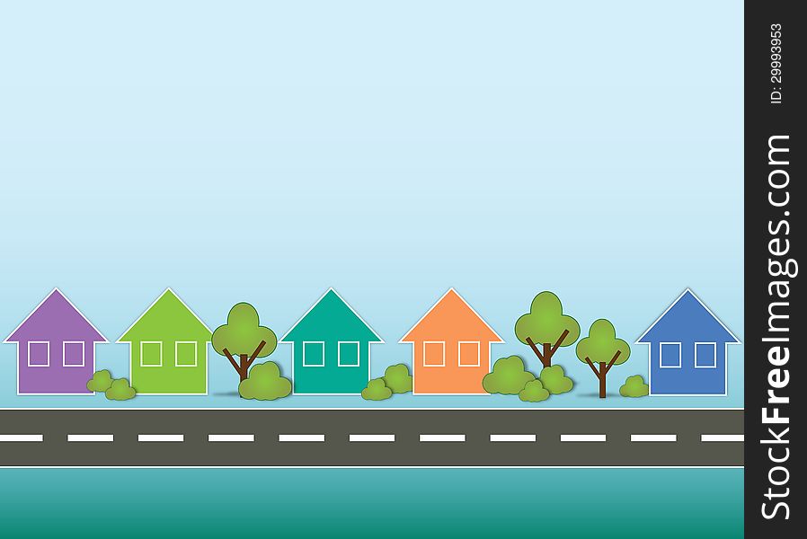 Street background with pastel colored houses and live trees. Street background with pastel colored houses and live trees