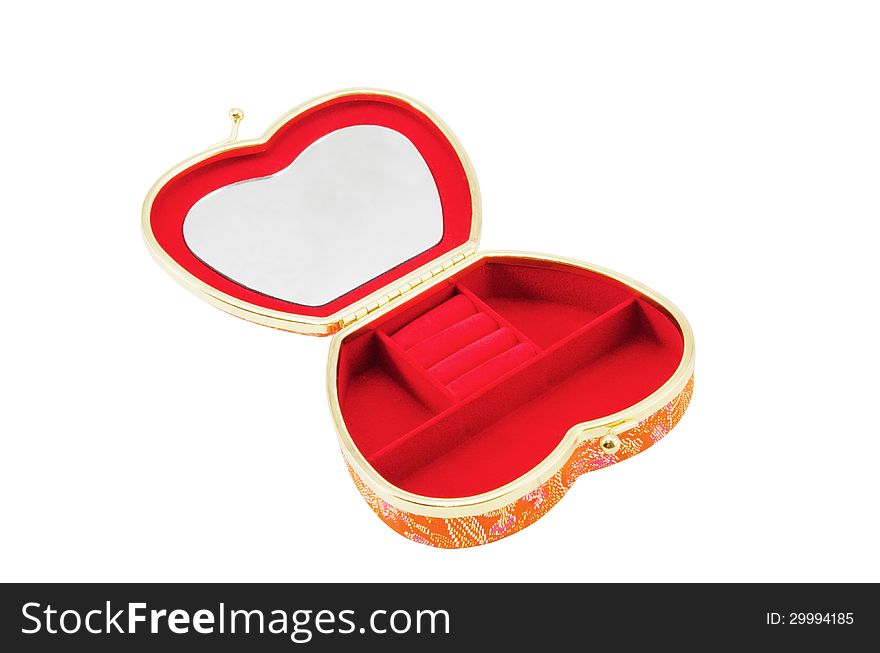 Casket with costume jewellery in the form of heart, separately on a white background