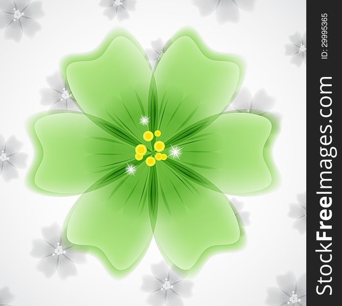 Big bright green flower on gray small flowers background