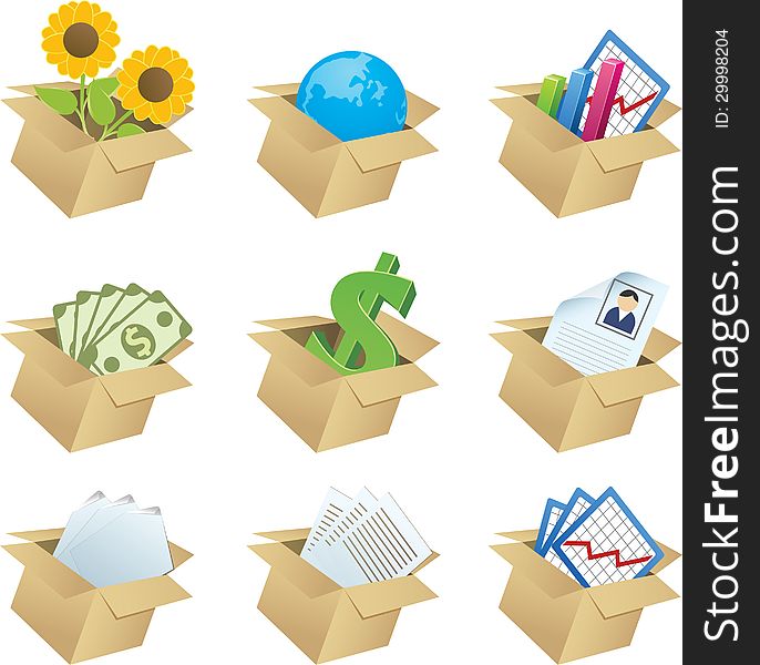 Business icons in boxes - 1. Icons with dollars, gold, diskets, chair, house, paper, barrow for your business design.