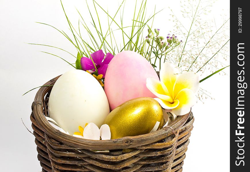 Easter egg in the basket with flowers