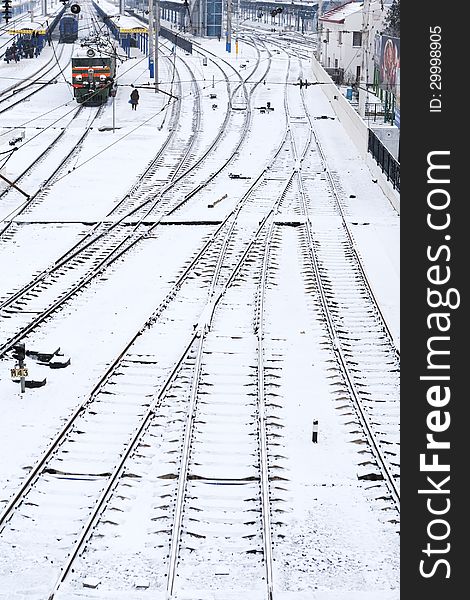 Background of railway lines in winter in Simferopol, Crimea, Ukraine