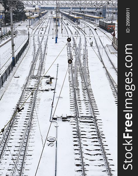 Background of railway lines in winter in Simferopol, Crimea, Ukraine