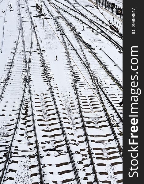 Background of railway lines in winter in Simferopol, Crimea, Ukraine