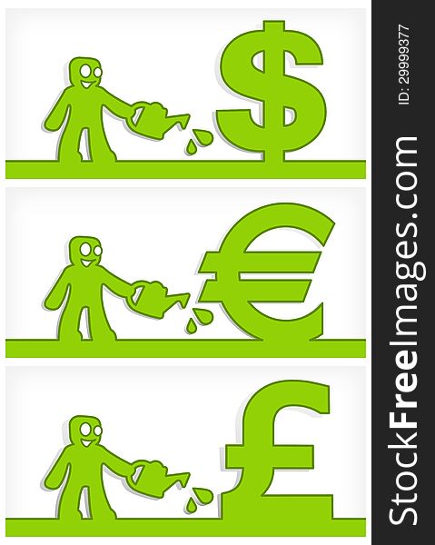 Cartoon human and money signs, business growth concept, vector illustration