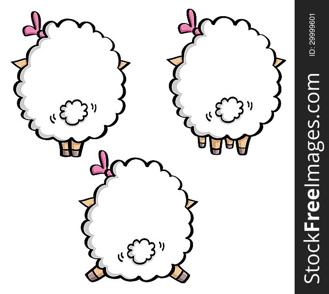 Vector illustration of funny cartoon white sheep in three poses. back view. Vector illustration of funny cartoon white sheep in three poses. back view