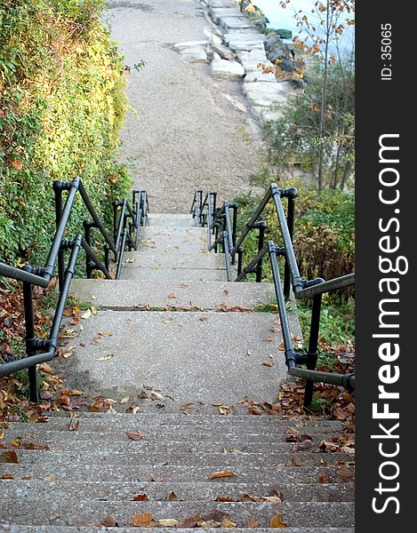 Looking down a lengthy staircase to a beach on Lake Erie. Looking down a lengthy staircase to a beach on Lake Erie