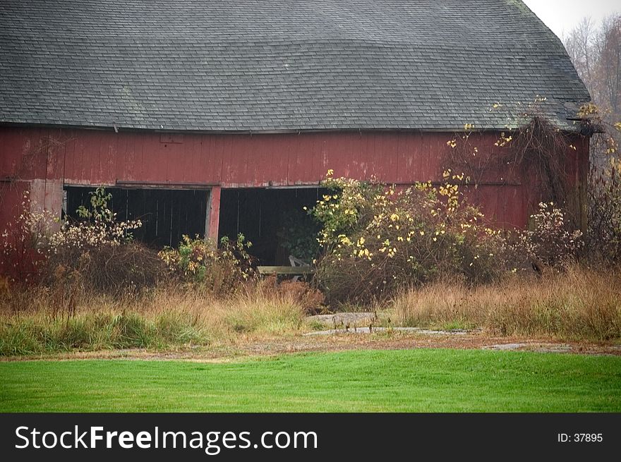 A red barn photographed throught the mist of a light rain. A red barn photographed throught the mist of a light rain