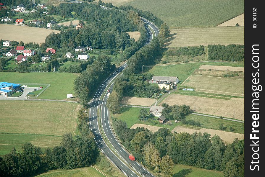 Aerial photo of motorway, looking like reverted S. Technological symmetry. Aerial photo of motorway, looking like reverted S. Technological symmetry