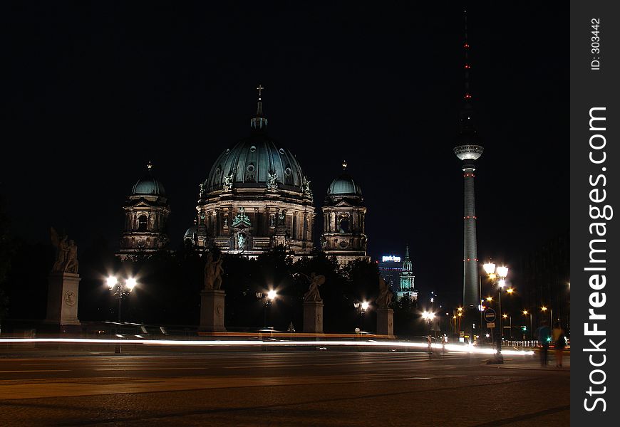 A nightshot in Berlin. ItÂ´s the Berliner Dom and in back the Berliner Fernsehturm. A nightshot in Berlin. ItÂ´s the Berliner Dom and in back the Berliner Fernsehturm.