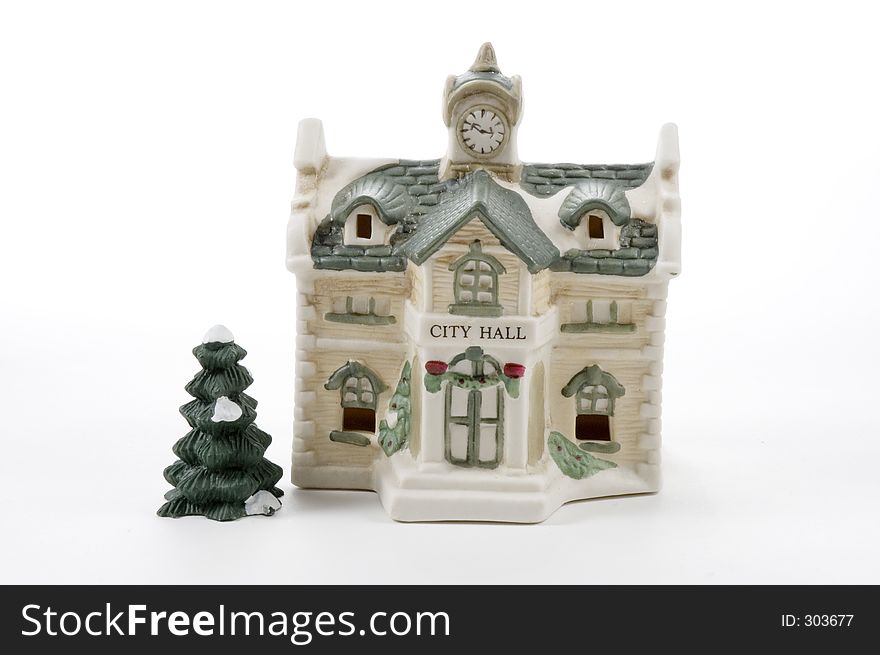 A small ceramic building, part of a Christmas Village. City HAl;l. A small ceramic building, part of a Christmas Village. City HAl;l