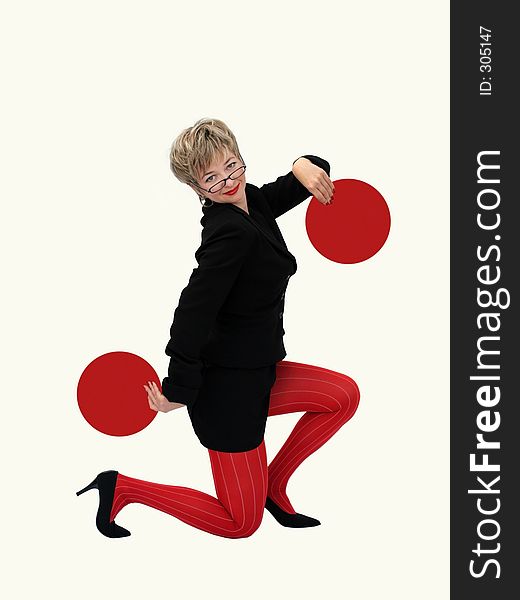 Businesswoman with holding two red circles. Businesswoman with holding two red circles