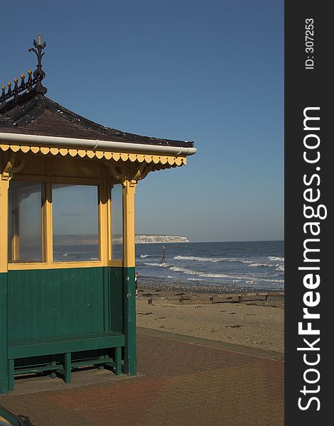 Victorian beach shelter overlooking the beach & sea. Victorian beach shelter overlooking the beach & sea