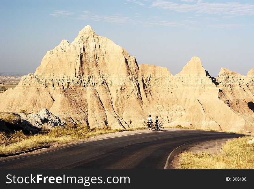 Taking a break on a highway through the Badlands National Park. Taking a break on a highway through the Badlands National Park.