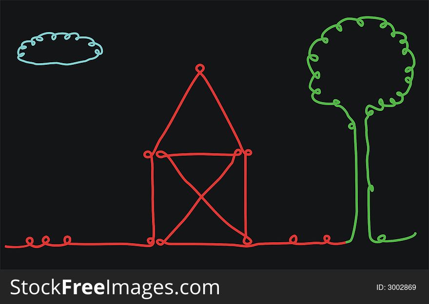 Abstract drawing of a home with a tree and a cloud. Abstract drawing of a home with a tree and a cloud