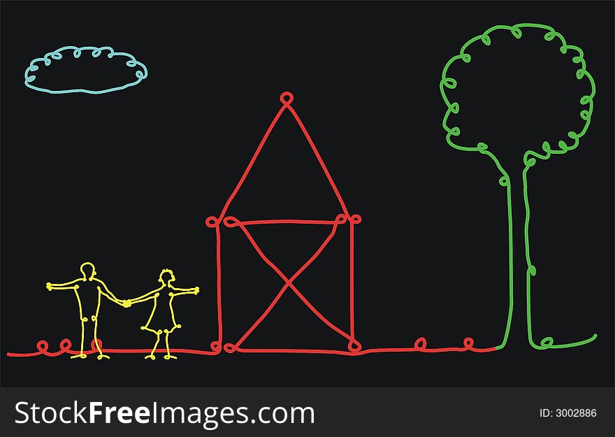 Abstract drawing of a home with couple, tree and cloud. Abstract drawing of a home with couple, tree and cloud