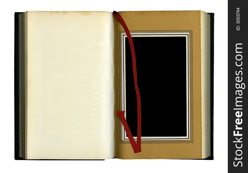 Opened old book isolated with a red ribbon bookmark. over white background