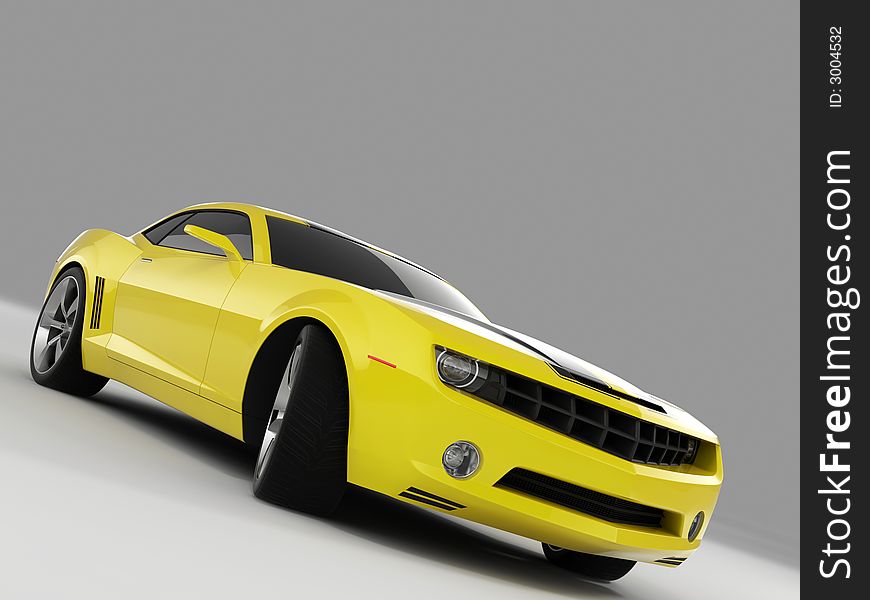 Realistic render three-dimensional model of the yellow Chevrolet Camaro Concept 2009