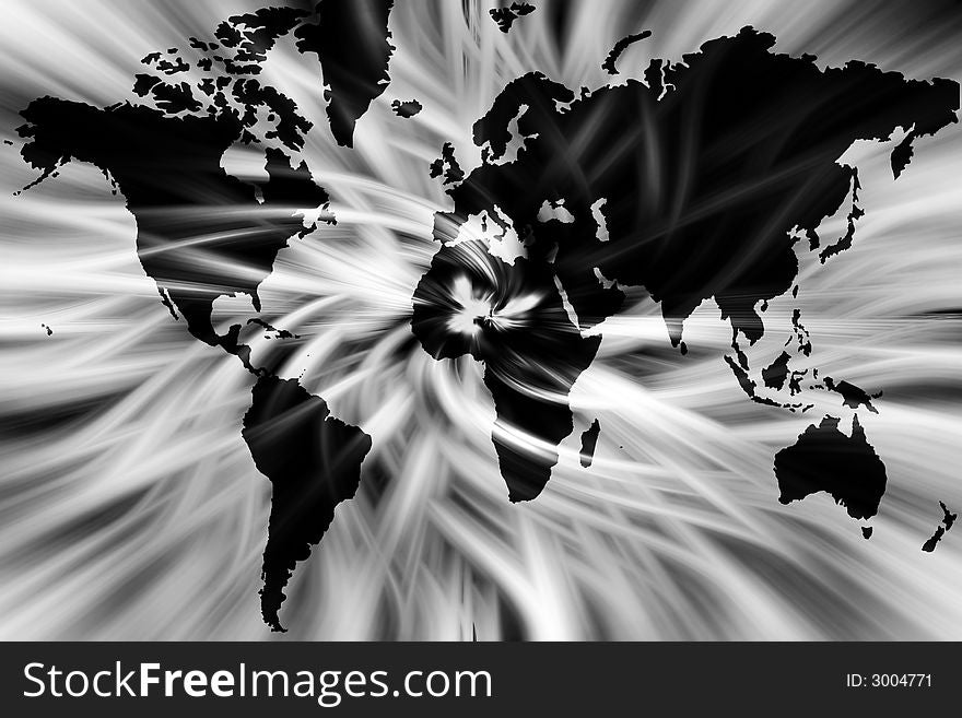 Black and white world map over abstract composition