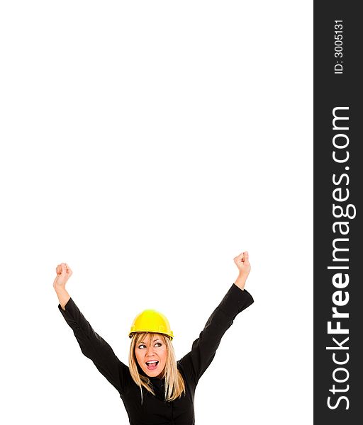 A businesswoman with happy hands raised on white background. A businesswoman with happy hands raised on white background