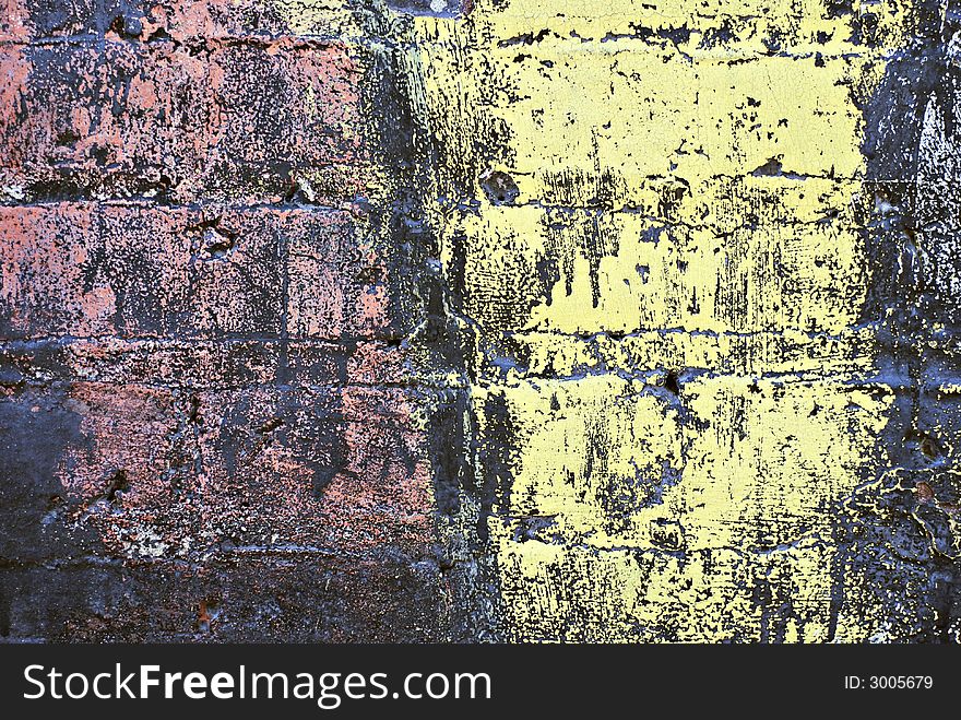 Deteriorating painted brick wall stylized with grunge effects (part of a photo illustration series). Deteriorating painted brick wall stylized with grunge effects (part of a photo illustration series)