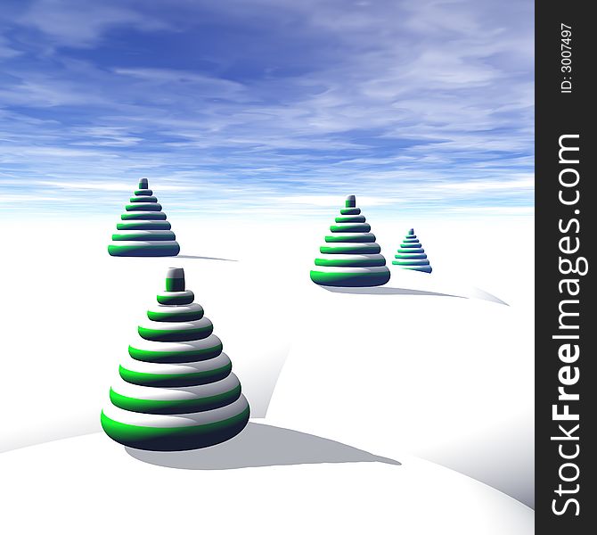 A virtual snowy world with abstract Christmas trees. A virtual snowy world with abstract Christmas trees.