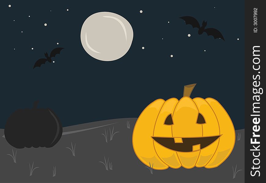 Halloween background with pumpkin, bats and moon.