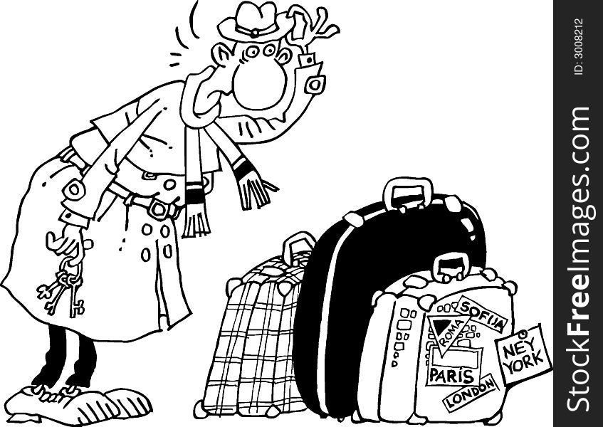 Man with suitcases, the illustration, a caricature, the man with suitcases, the traveller
