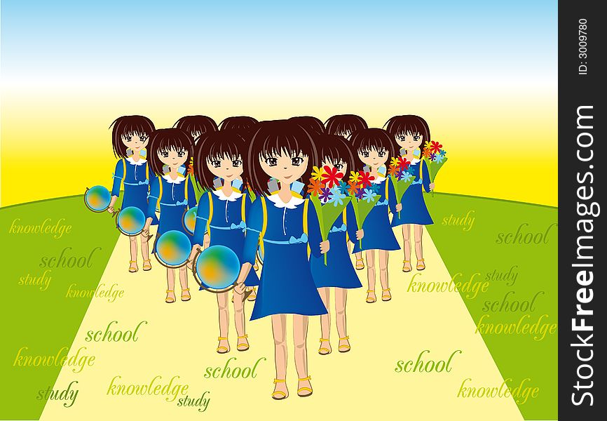 Schoolgirls go to school, first september