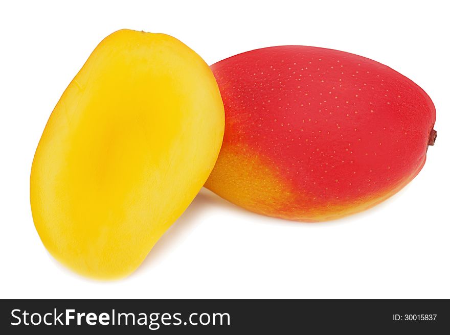 Fresh mango fruit with cut on white background.