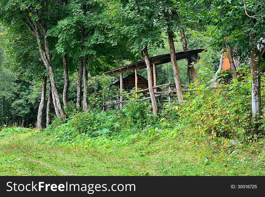 Caucasus Mountains, gazebo for relaxing in the forest
