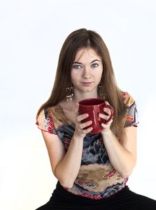 Young Woman With Beautiful Green Eyes With Red Coffee Cup Stock Photo Young Woman With Beautiful Green Eyes With Red Coffee Cup Stock Photo