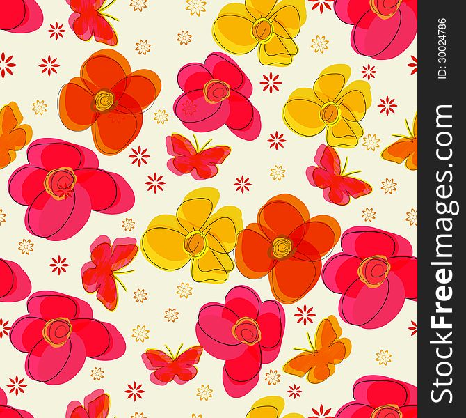 Simple vector seamless pattern with flowers and butterflies. Simple vector seamless pattern with flowers and butterflies.