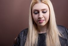 Smiling Caucasian Girl In Leather Jacket Stock Image