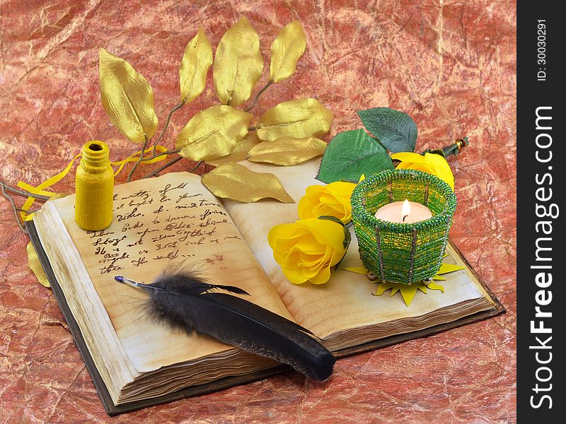Women diary with handwriting, feather and candle holder. Women diary with handwriting, feather and candle holder