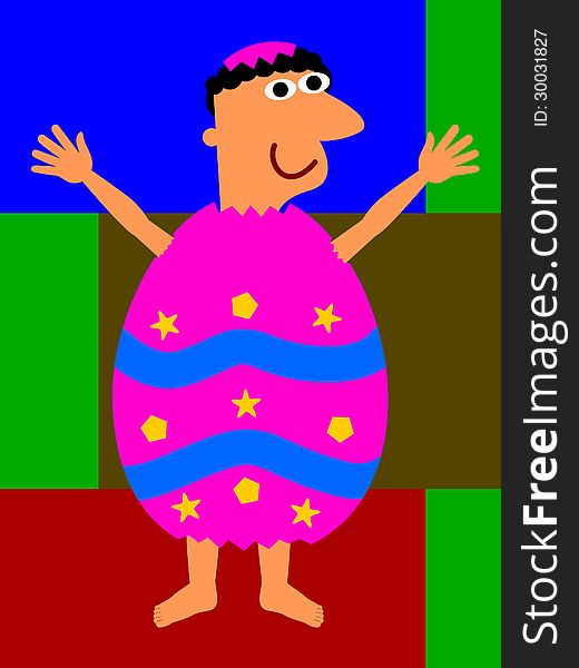 An illustration of a man dressed like a colorful easter egg. An illustration of a man dressed like a colorful easter egg