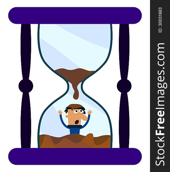 An illustration of a man who is trapped inside an hourglass. An illustration of a man who is trapped inside an hourglass