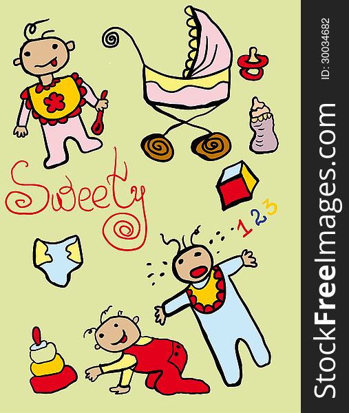 Vector image of cute nice babies and baby accessories. Vector image of cute nice babies and baby accessories