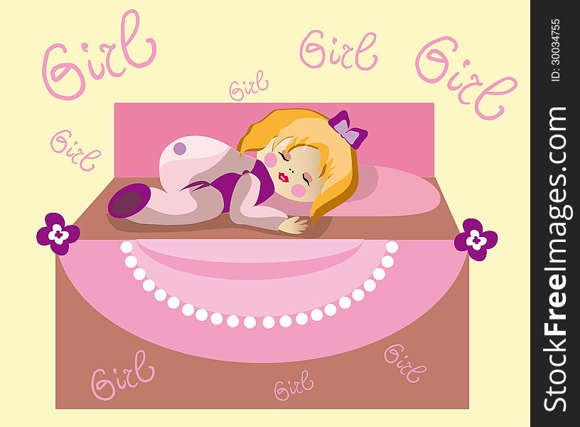 Vector illustration of cute little baby girl sleeping in her pink bed. Vector illustration of cute little baby girl sleeping in her pink bed